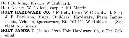 Holt Hardware listing in Mineral Wells City Directory 1909
